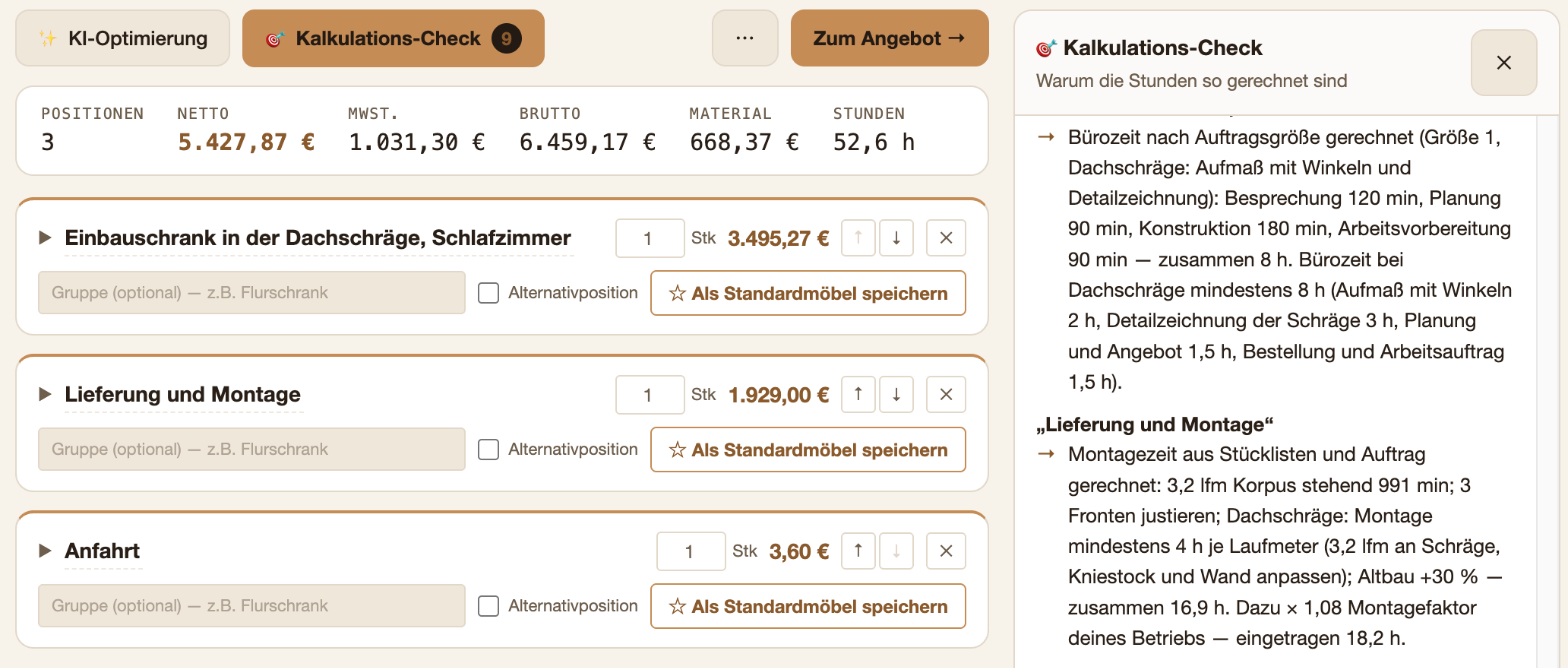 Bildschirmfoto CraftFlow (Beispielbetrieb, Espresso-Optik): Kalkulations-Check eines Einbauschranks in der Dachschräge — Bür…